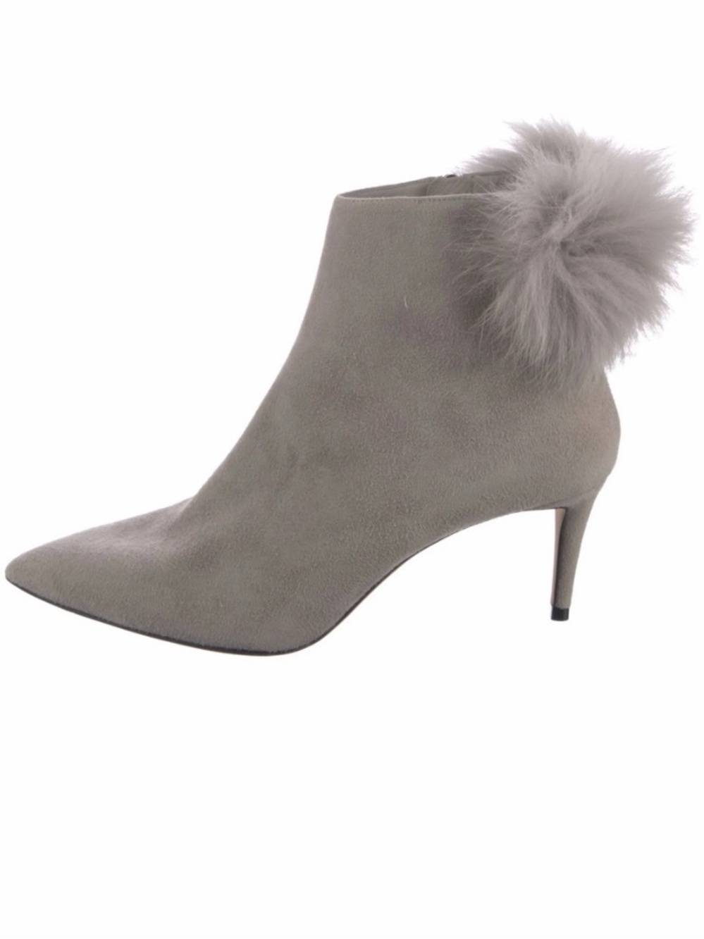 Jimmy Choo Tesler Gray Suede Pointed-Toe Pom Pom Ankle Bootie Sz 38.5